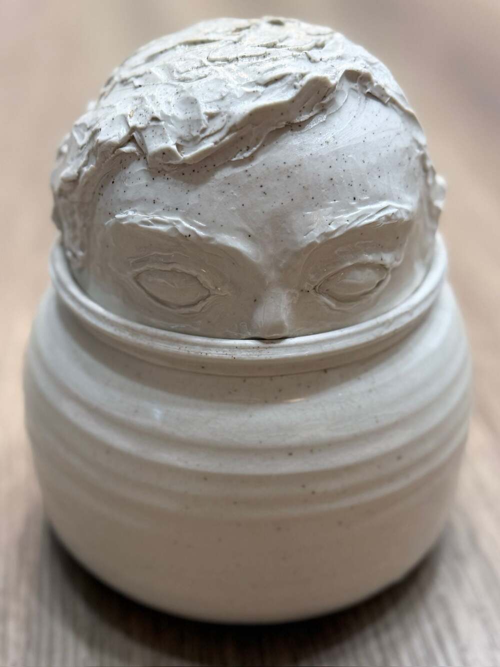 Studio Pottery Ceramic Lidded Jar with Sculpted Character Lid